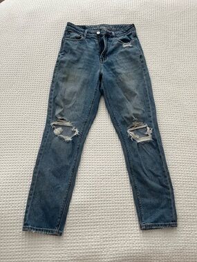 American Eagle Distressed High-Rise Straight Leg Jeans - Dark Blue